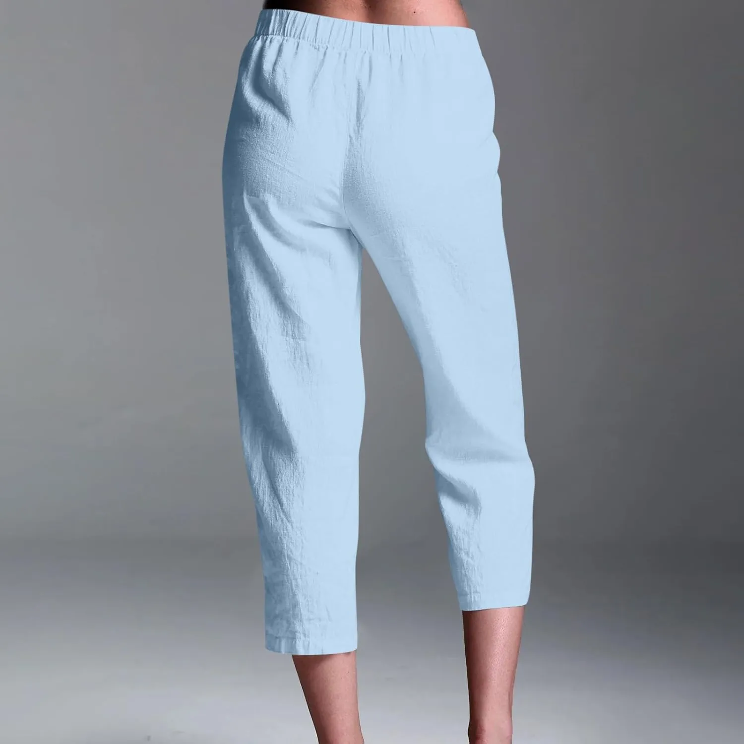 Linen Pants Women Lightweight Summer Casual Straight Leg Capri Pant with Pockets Elastic High Waisted Trousers