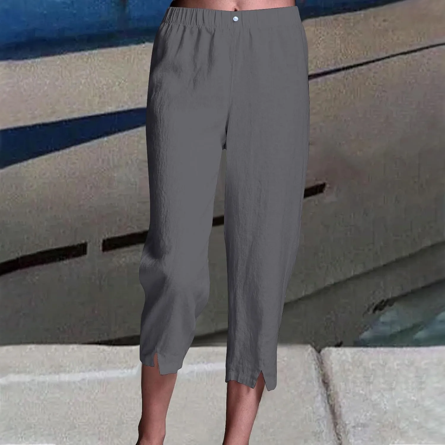 Linen Pants Women Lightweight Summer Casual Straight Leg Capri Pant with Pockets Elastic High Waisted Trousers
