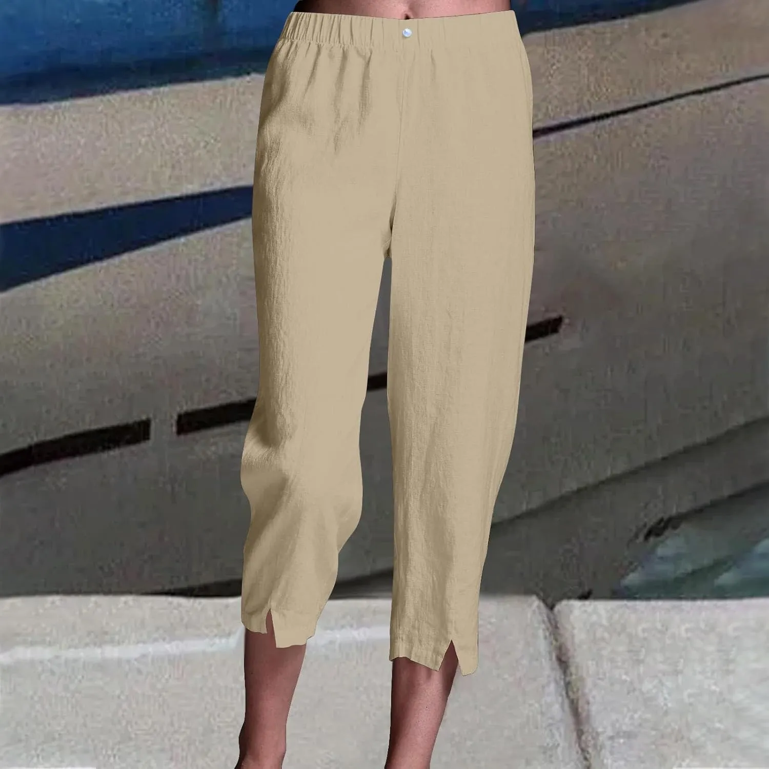 Linen Pants Women Lightweight Summer Casual Straight Leg Capri Pant with Pockets Elastic High Waisted Trousers