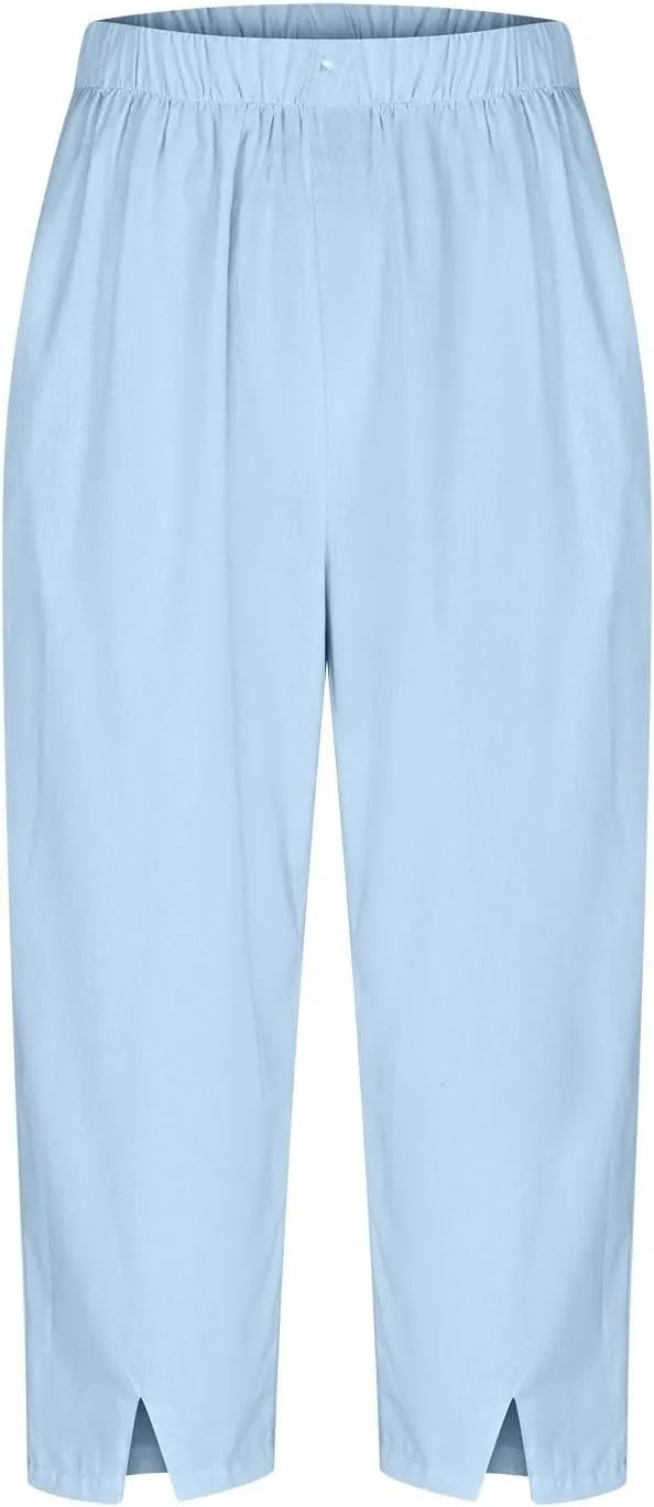 Linen Pants Women Lightweight Summer Casual Straight Leg Capri Pant with Pockets Elastic High Waisted Trousers