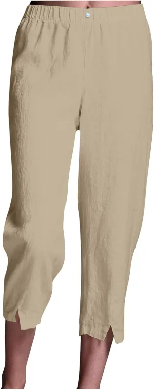 Linen Pants Women Lightweight Summer Casual Straight Leg Capri Pant with Pockets Elastic High Waisted Trousers