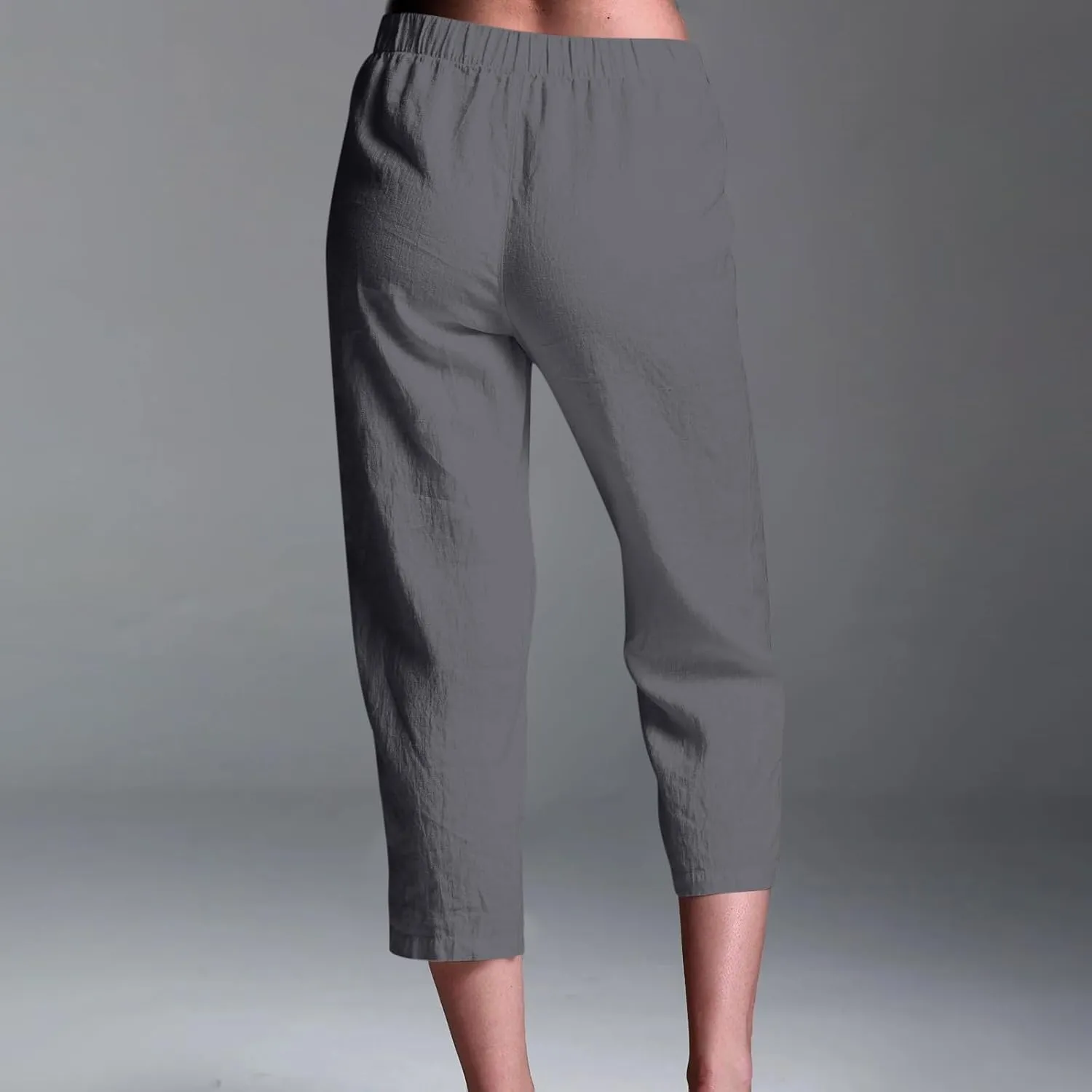 Linen Pants Women Lightweight Summer Casual Straight Leg Capri Pant with Pockets Elastic High Waisted Trousers