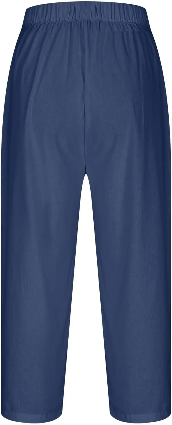 Linen Pants Women Lightweight Summer Casual Straight Leg Capri Pant with Pockets Elastic High Waisted Trousers