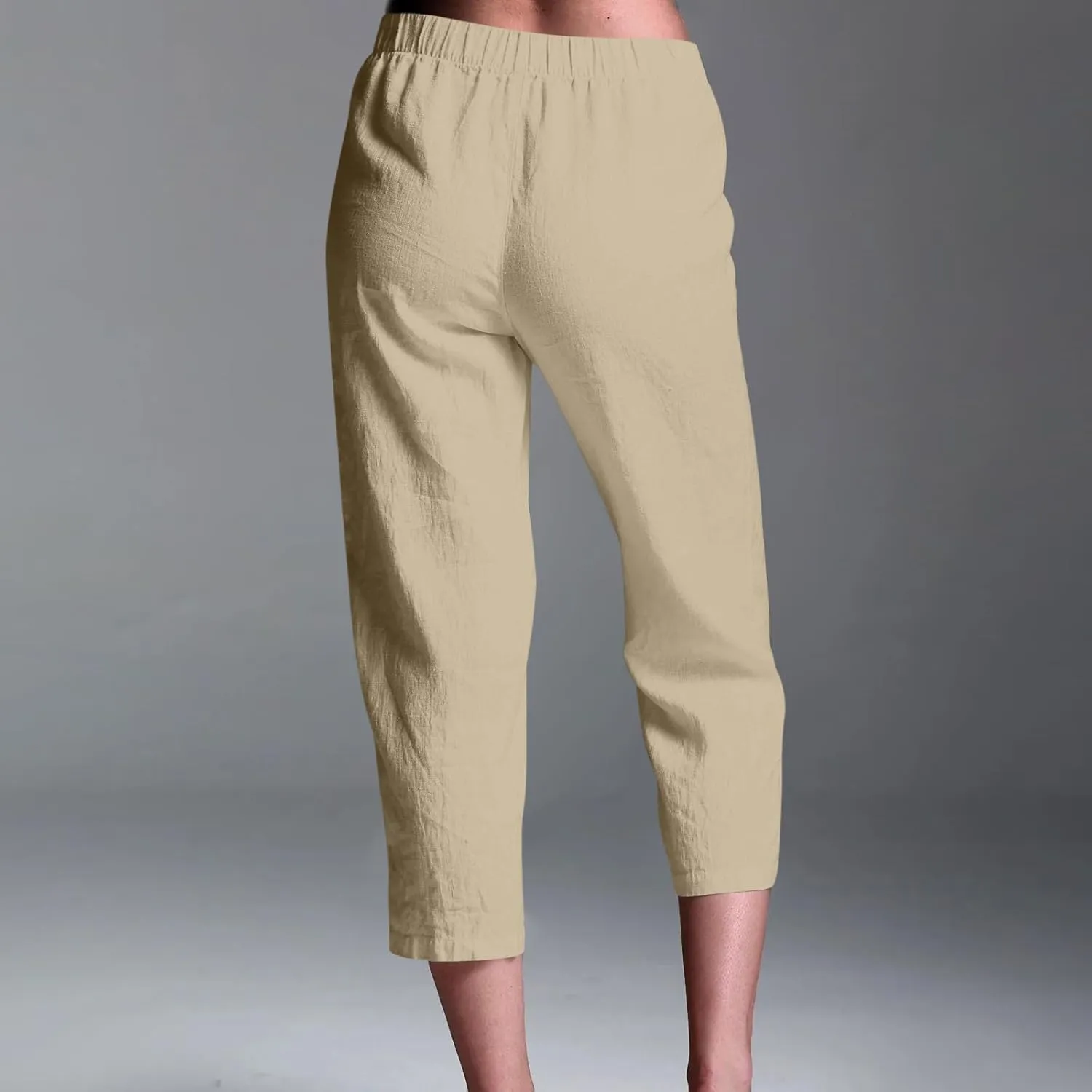 Linen Pants Women Lightweight Summer Casual Straight Leg Capri Pant with Pockets Elastic High Waisted Trousers