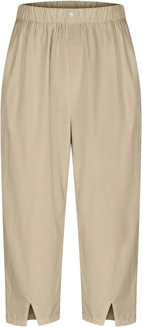Linen Pants Women Lightweight Summer Casual Straight Leg Capri Pant with Pockets Elastic High Waisted Trousers