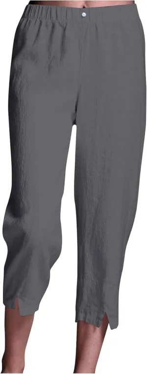 Linen Pants Women Lightweight Summer Casual Straight Leg Capri Pant with Pockets Elastic High Waisted Trousers