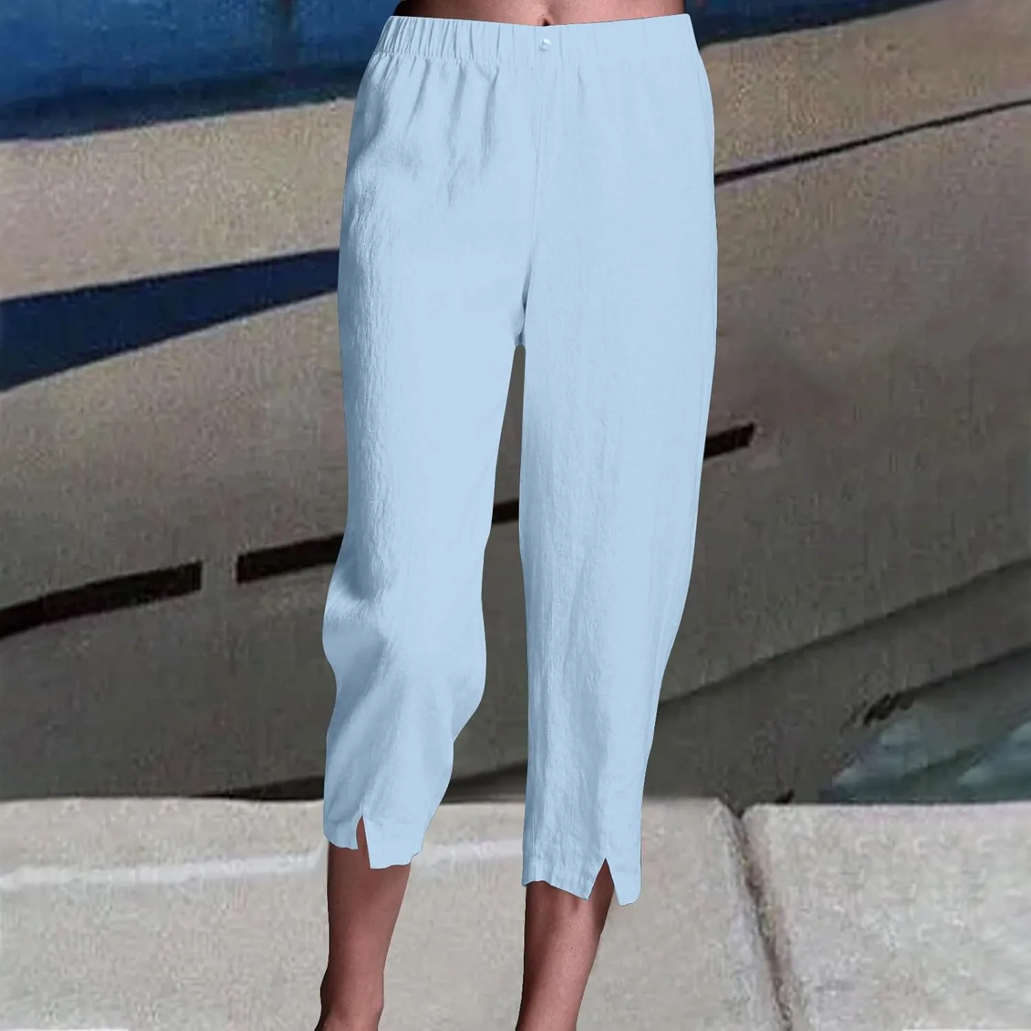 Linen Pants Women Lightweight Summer Casual Straight Leg Capri Pant with Pockets Elastic High Waisted Trousers