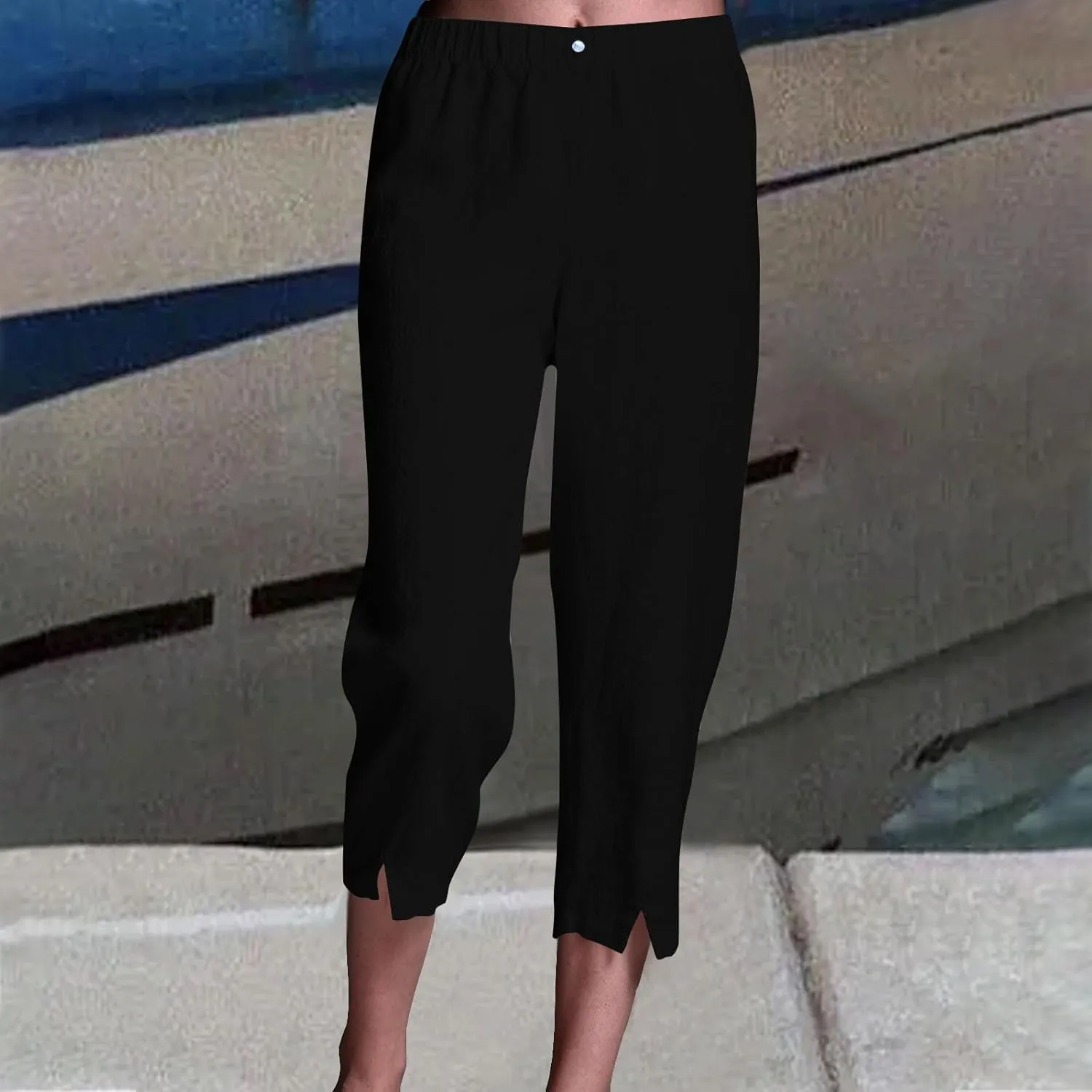 Linen Pants Women Lightweight Summer Casual Straight Leg Capri Pant with Pockets Elastic High Waisted Trousers