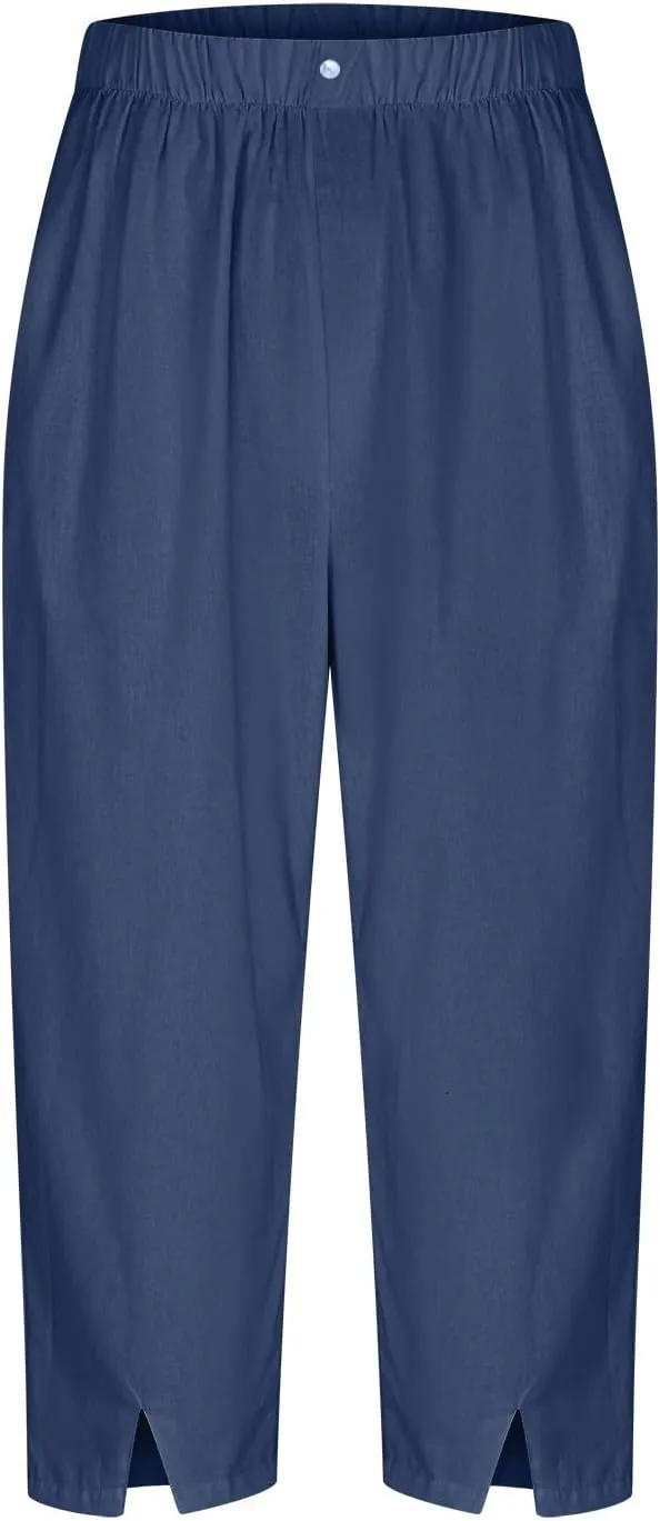 Linen Pants Women Lightweight Summer Casual Straight Leg Capri Pant with Pockets Elastic High Waisted Trousers