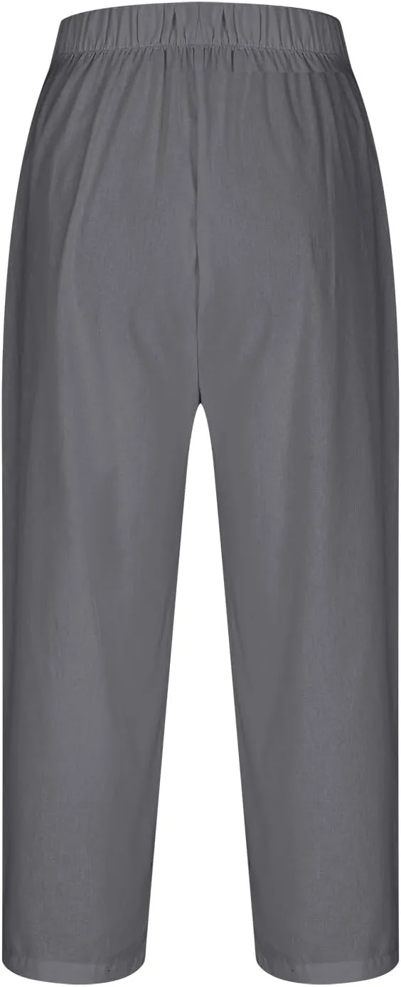 Linen Pants Women Lightweight Summer Casual Straight Leg Capri Pant with Pockets Elastic High Waisted Trousers