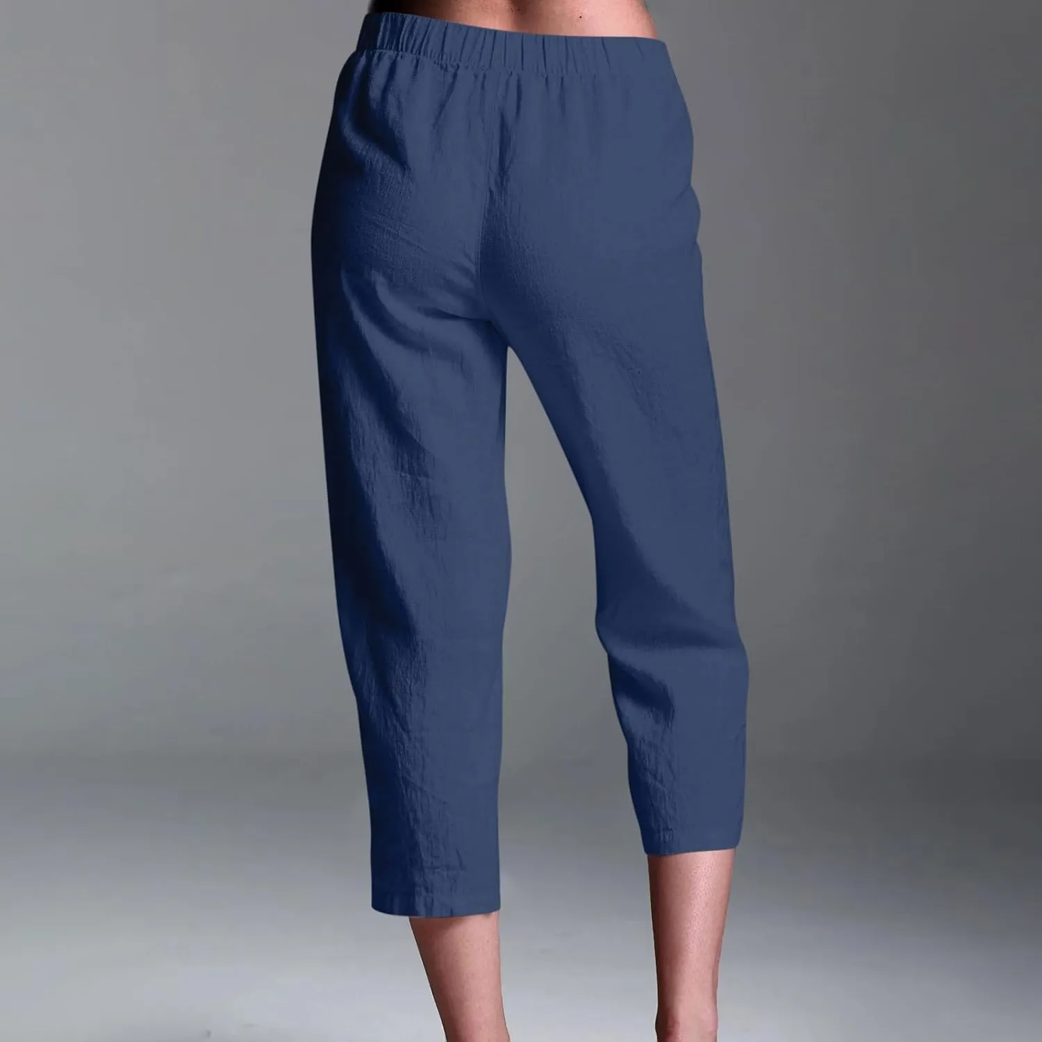 Linen Pants Women Lightweight Summer Casual Straight Leg Capri Pant with Pockets Elastic High Waisted Trousers
