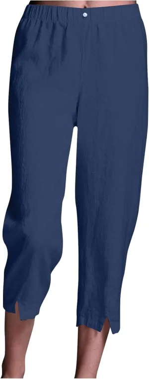 Linen Pants Women Lightweight Summer Casual Straight Leg Capri Pant with Pockets Elastic High Waisted Trousers