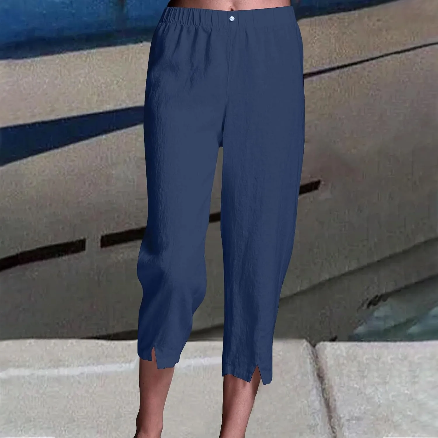 Linen Pants Women Lightweight Summer Casual Straight Leg Capri Pant with Pockets Elastic High Waisted Trousers