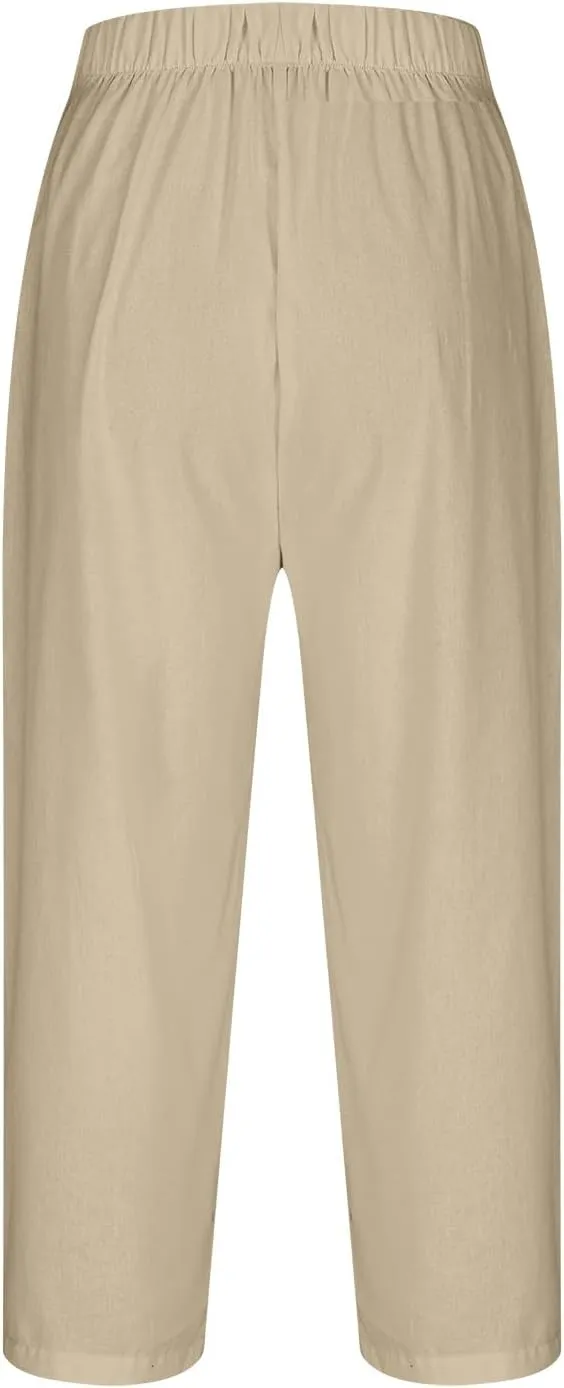 Linen Pants Women Lightweight Summer Casual Straight Leg Capri Pant with Pockets Elastic High Waisted Trousers
