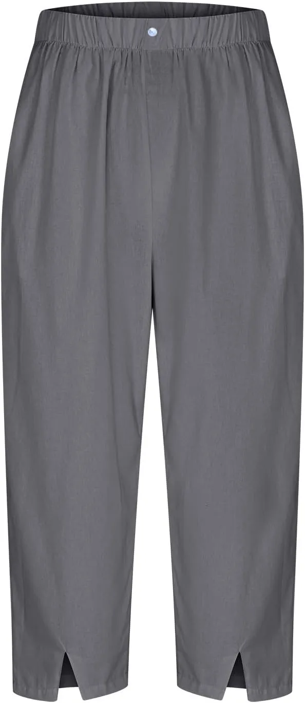 Linen Pants Women Lightweight Summer Casual Straight Leg Capri Pant with Pockets Elastic High Waisted Trousers