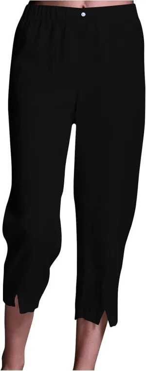 Linen Pants Women Lightweight Summer Casual Straight Leg Capri Pant with Pockets Elastic High Waisted Trousers