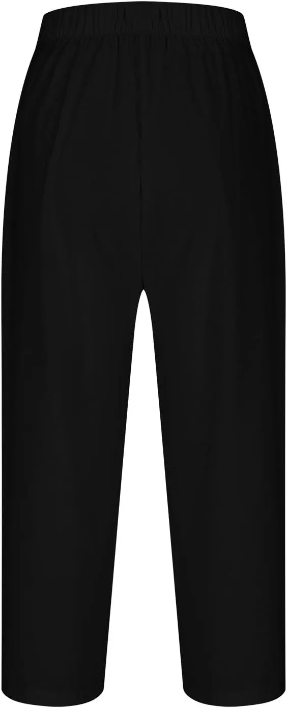 Linen Pants Women Lightweight Summer Casual Straight Leg Capri Pant with Pockets Elastic High Waisted Trousers