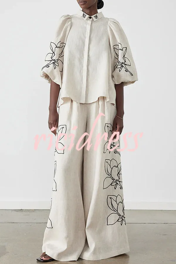 Lola Linen Blend Floral Print Balloon Sleeve Trapeze-style Loose Shirt