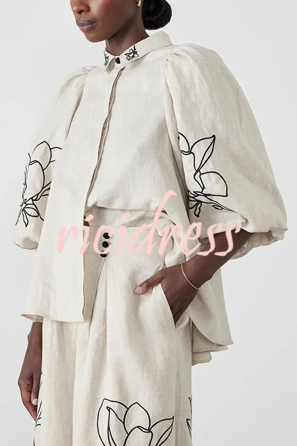 Lola Linen Blend Floral Print Balloon Sleeve Trapeze-style Loose Shirt