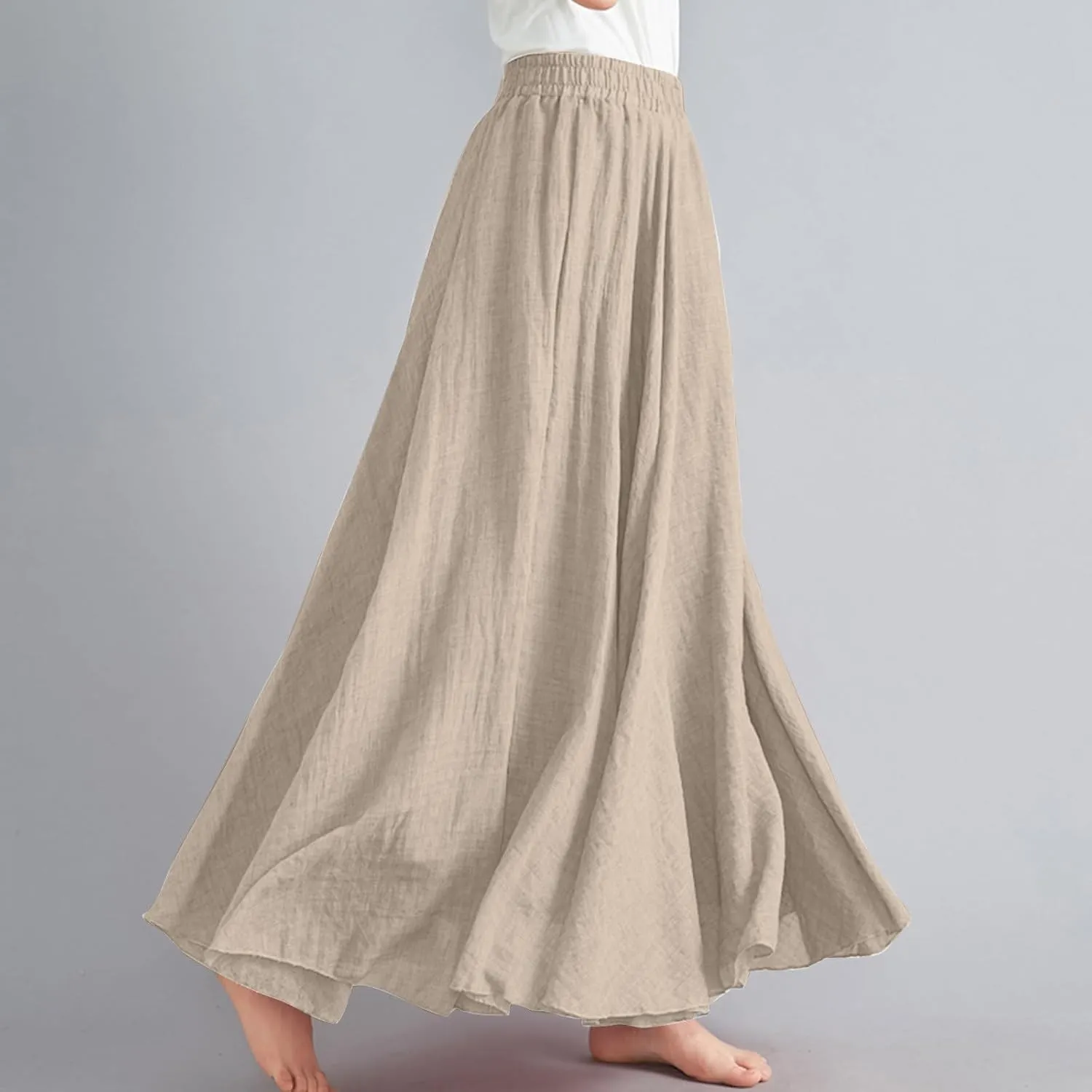 Long Skirts for Women Trendy Vacation Soft Flowy Beach Linen Maxi Skirt Full Length Elastic High Waisted Boho Skirt