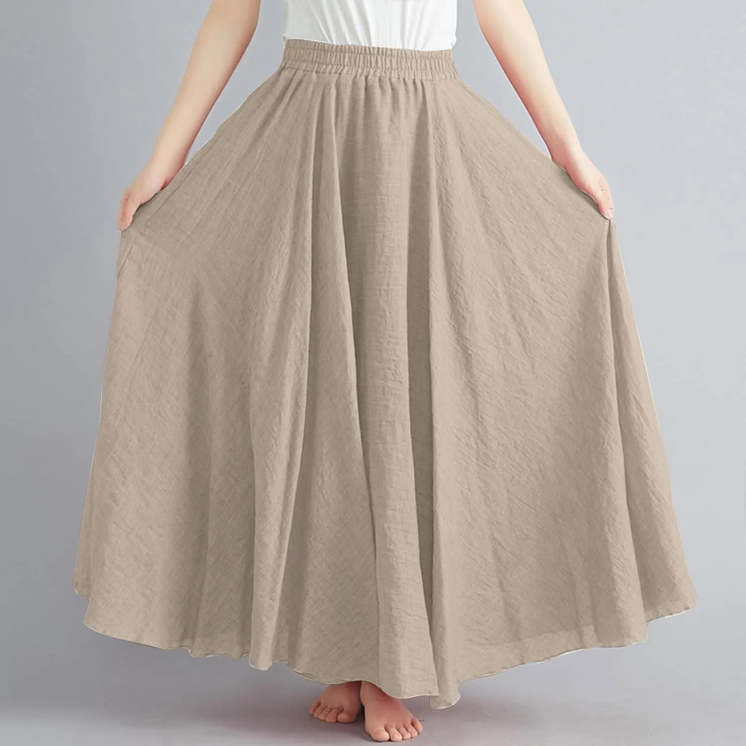 Long Skirts for Women Trendy Vacation Soft Flowy Beach Linen Maxi Skirt Full Length Elastic High Waisted Boho Skirt