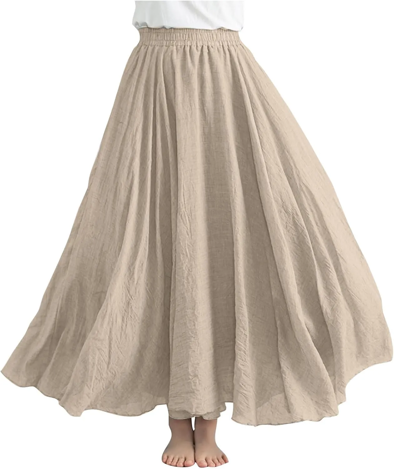 Long Skirts for Women Trendy Vacation Soft Flowy Beach Linen Maxi Skirt Full Length Elastic High Waisted Boho Skirt