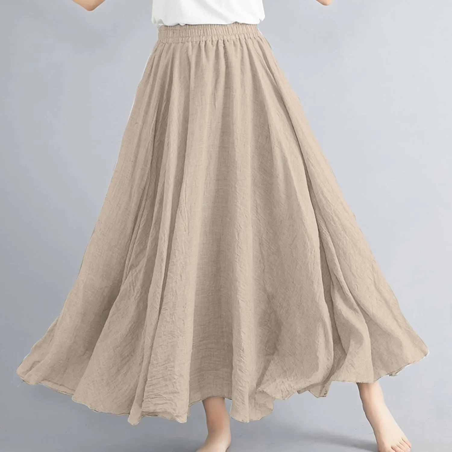 Long Skirts for Women Trendy Vacation Soft Flowy Beach Linen Maxi Skirt Full Length Elastic High Waisted Boho Skirt
