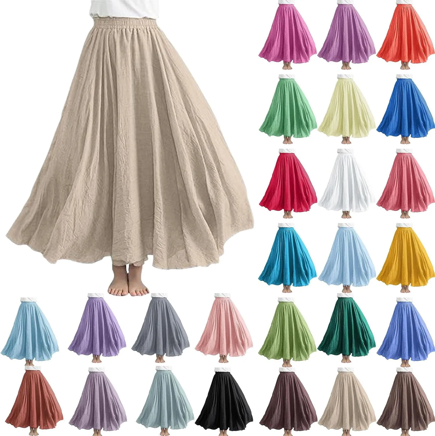 Long Skirts for Women Trendy Vacation Soft Flowy Beach Linen Maxi Skirt Full Length Elastic High Waisted Boho Skirt