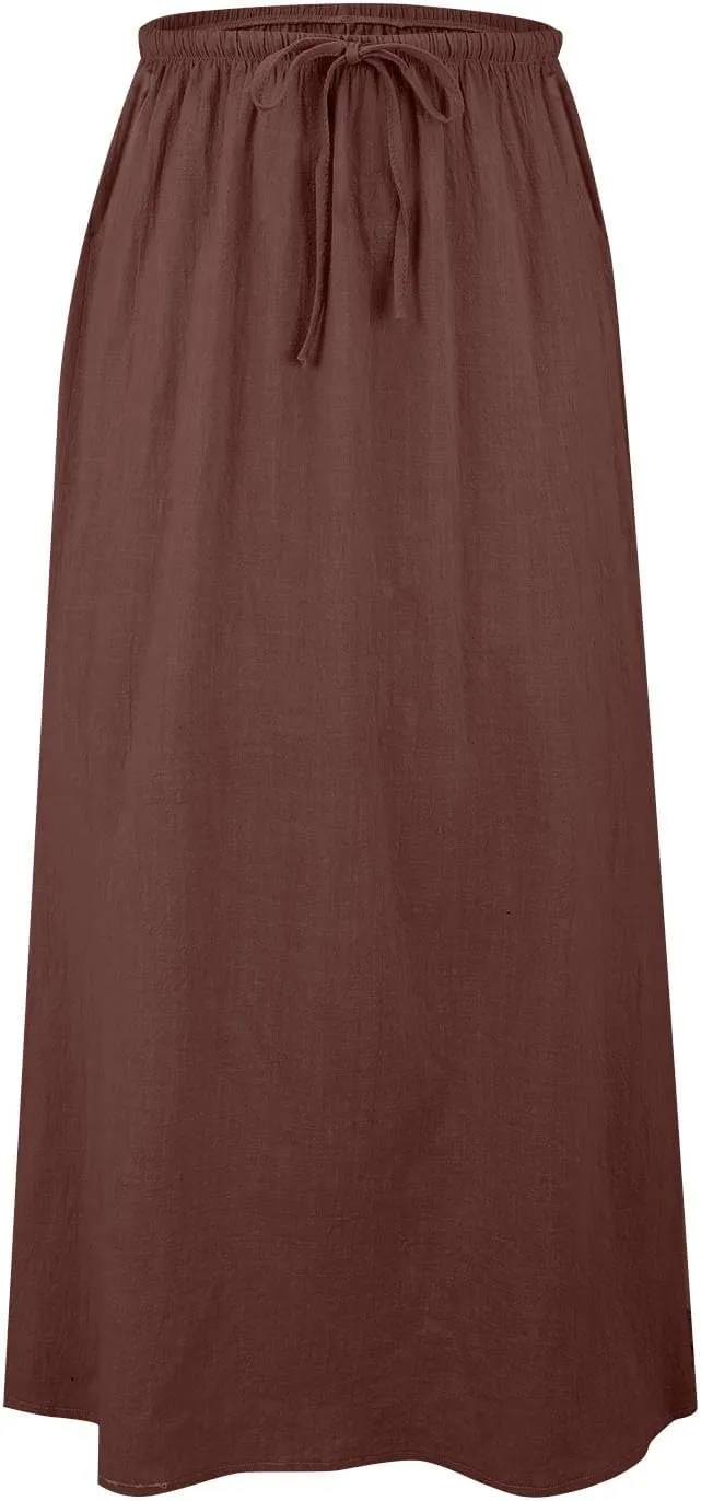 Maxi Skirts for Women Linen Summer A-Line Comfy Drawstring Cute Flowy Boho Casual Outfits Vacation Beach Swim Cover Ups