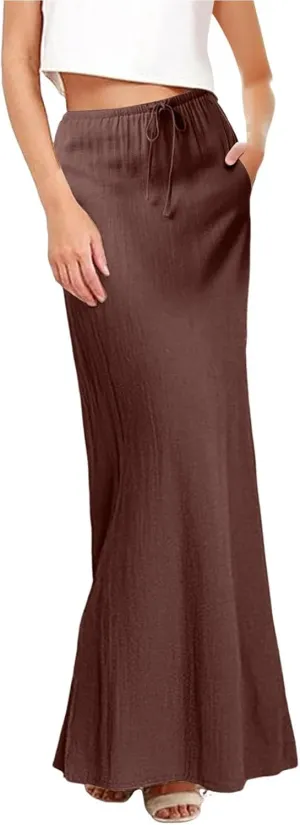 Maxi Skirts for Women Linen Summer A-Line Comfy Drawstring Cute Flowy Boho Casual Outfits Vacation Beach Swim Cover Ups