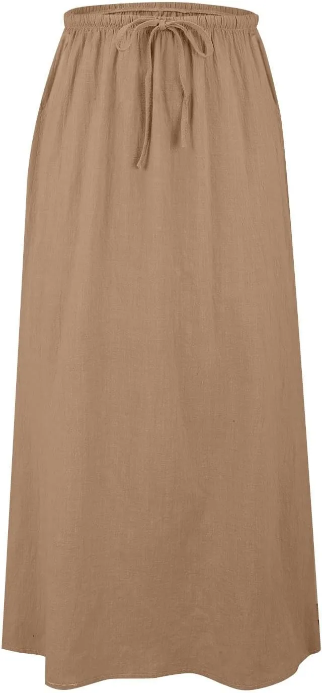 Maxi Skirts for Women Linen Summer A-Line Comfy Drawstring Cute Flowy Boho Casual Outfits Vacation Beach Swim Cover Ups