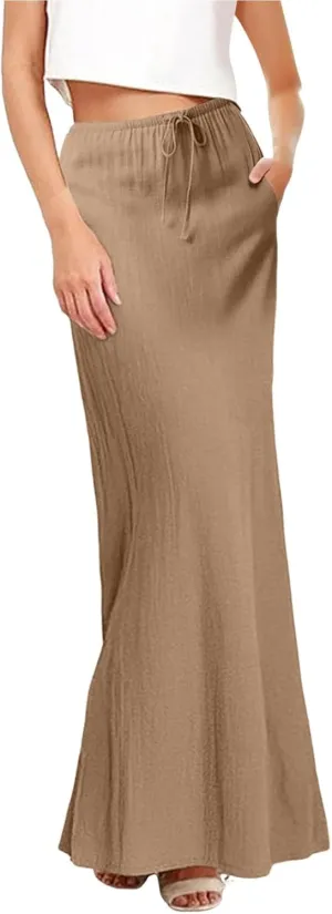 Maxi Skirts for Women Linen Summer A-Line Comfy Drawstring Cute Flowy Boho Casual Outfits Vacation Beach Swim Cover Ups