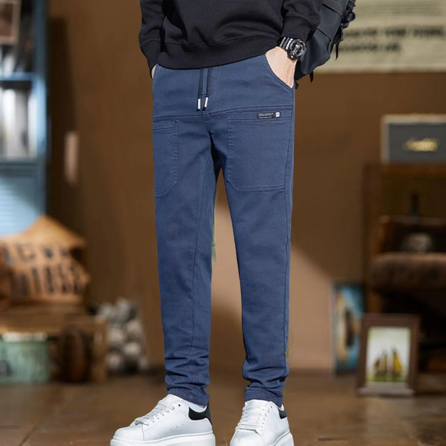 Mens Cargo Pants Slim Fit Multipants - High Stretch Multi-Pocket Durable Cargo Pants Drawstring Tapered Chinos Work Pant