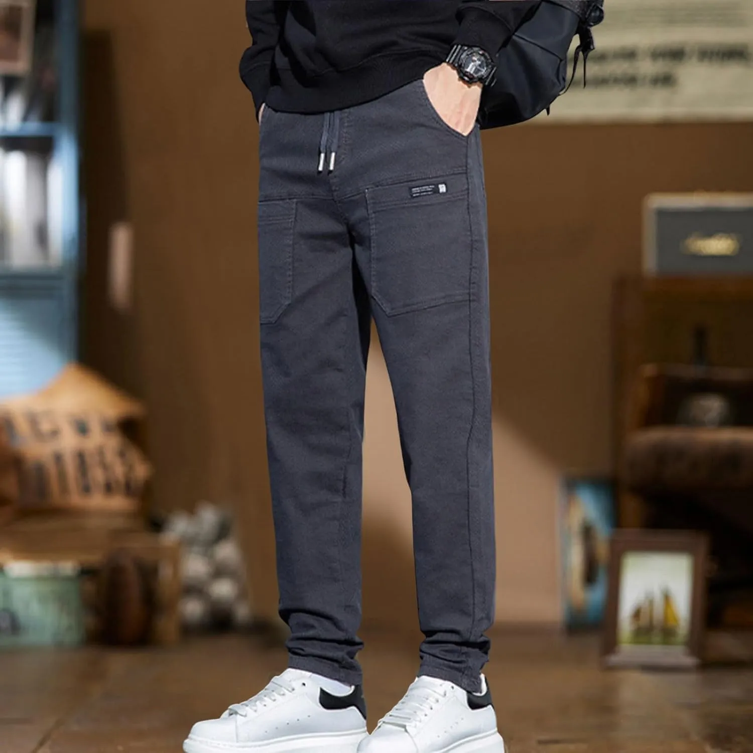 Mens Cargo Pants Slim Fit Multipants - High Stretch Multi-Pocket Durable Cargo Pants Drawstring Tapered Chinos Work Pant