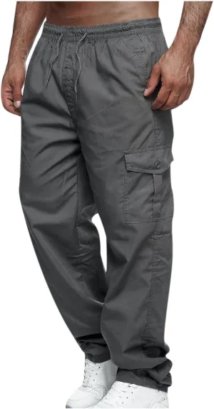 Mens Cargo Pants with Pockets Athletic Drawstring High Waist Workout Gym Pants Casual Slim Fit Straight Leg Trousers