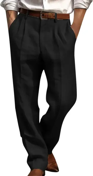 Mens Casual Linen Pants Loose Fit Elastic Drawstring Waist Straight-Legs Summer Yoga Beach Long Pants Trousers