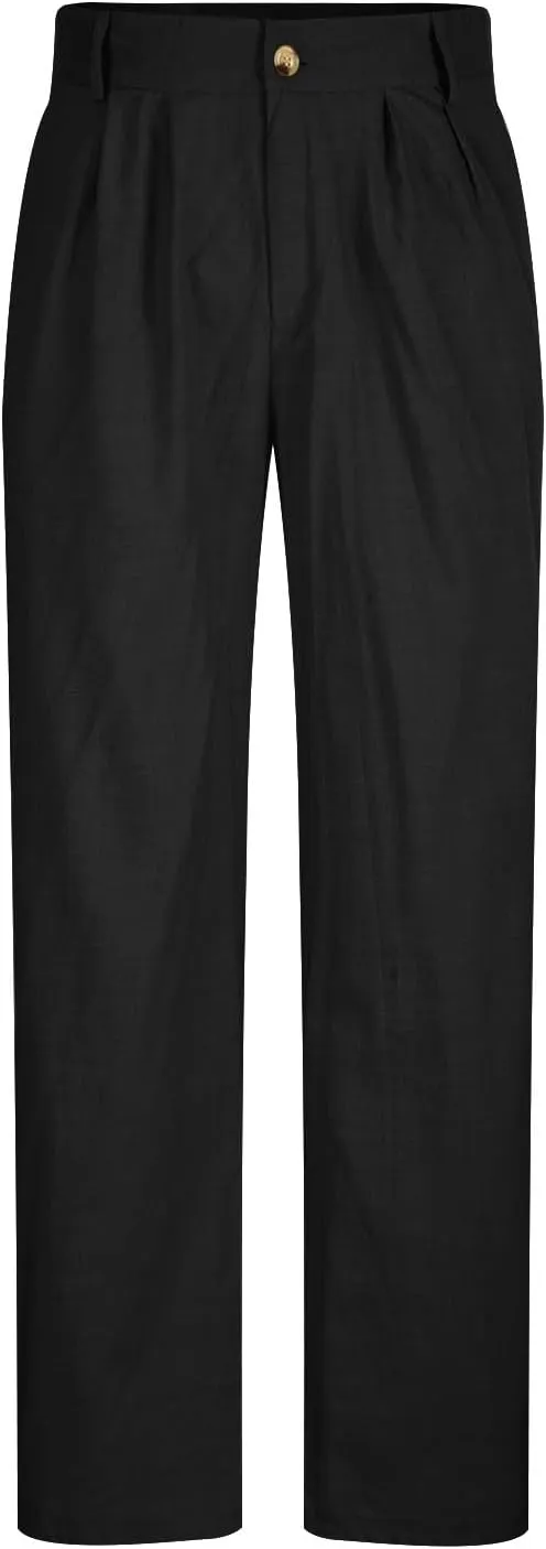 Mens Casual Linen Pants Loose Fit Elastic Drawstring Waist Straight-Legs Summer Yoga Beach Long Pants Trousers