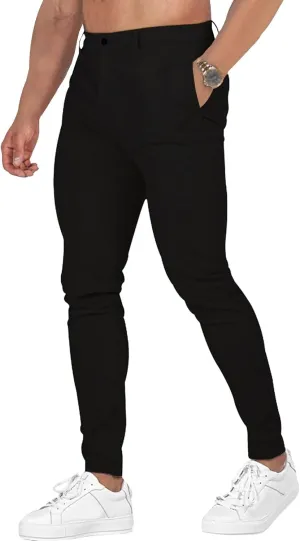 Men's Chinos Slim Fit Pants Stretch Skinny Tapered Dress Slack Comfort Casual Solid Workout Trousers (Black,Small)