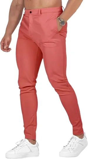 Men's Chinos Slim Fit Pants Stretch Skinny Tapered Dress Slack Comfort Casual Solid Workout Trousers (Pink,Large)