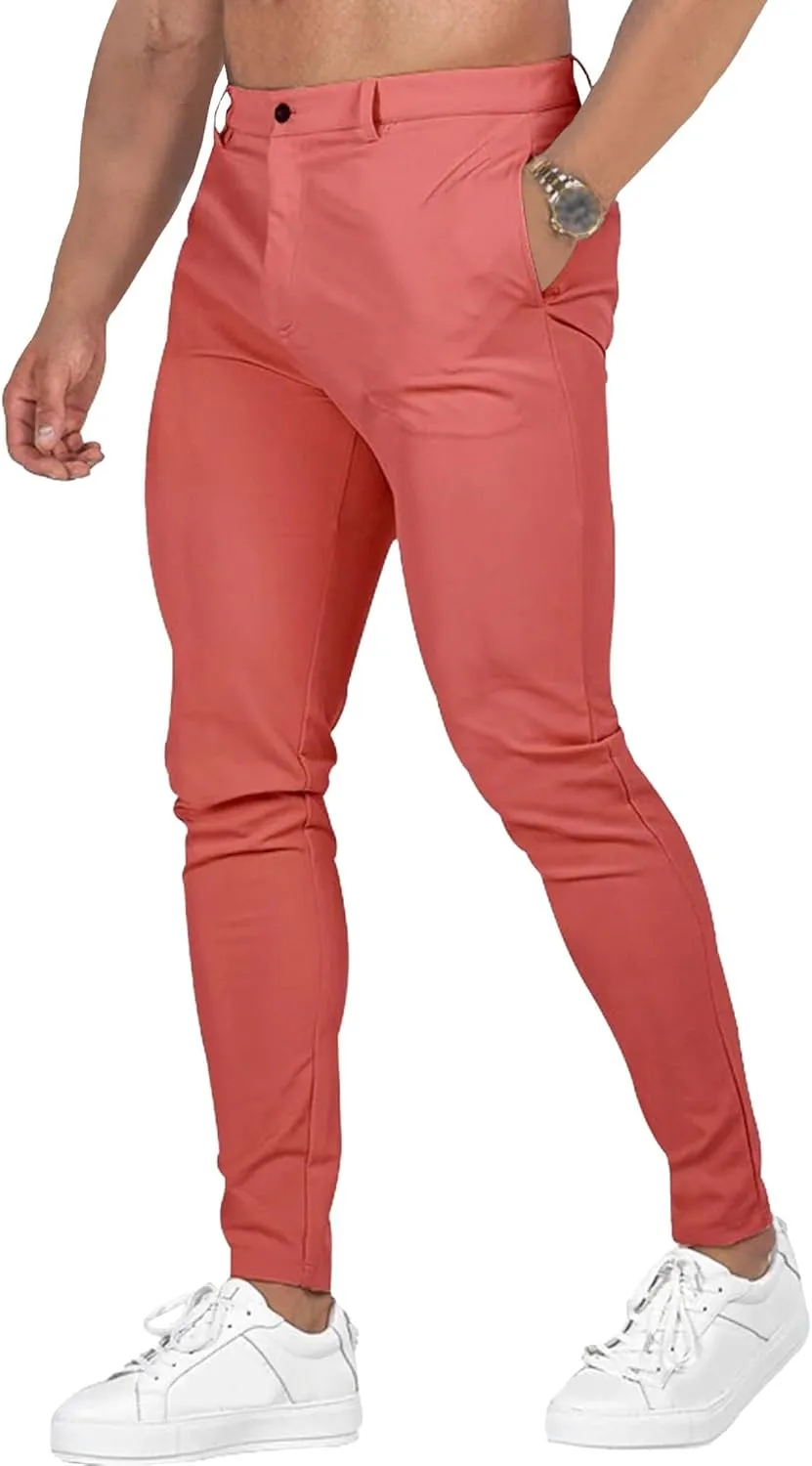 Men's Chinos Slim Fit Pants Stretch Skinny Tapered Dress Slack Comfort Casual Solid Workout Trousers (Pink,Large)