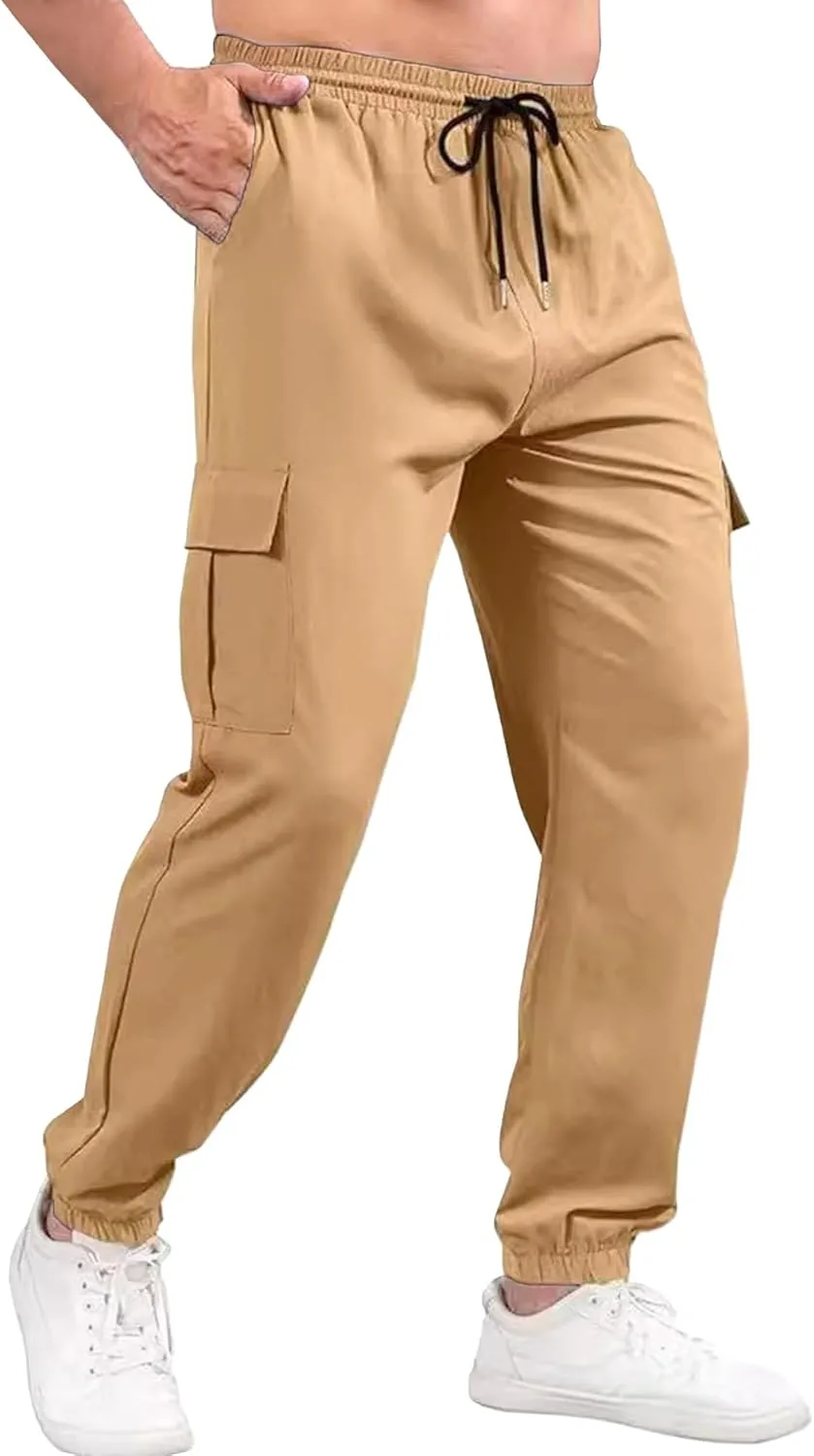 Mens Chinos Slim Fit Pocket Pants Regular Fit Casual Cargo Joggers Tapered Dress Comfort Solid Trousers (Khaki,3X-Large)