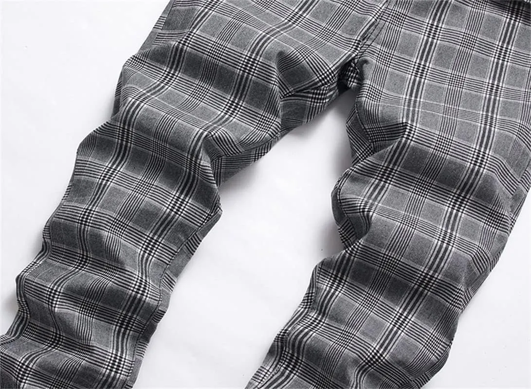 Men's Fashion Stretch Dress Pants Slim Fit Plaid Skinny Long Pants Casual Business Sweatpants Dress Chinos Pants