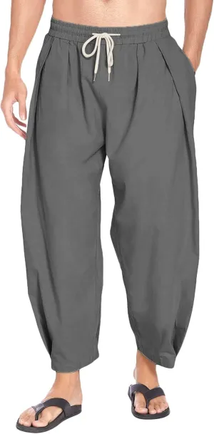 Men's Lightweight Linen Lounge Lantern Pants Classic Jogger Yoga Loose Chinos Casual Elastic Waist Trousers (Dark Grey,Medium)