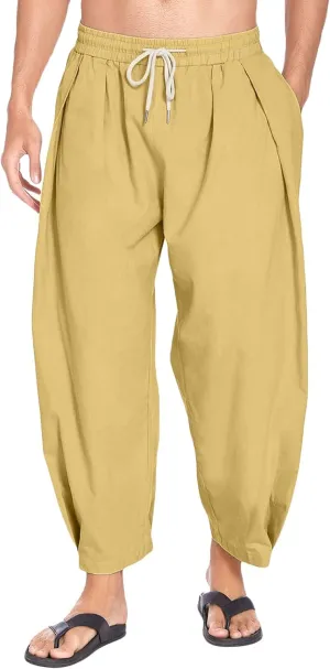 Men's Lightweight Linen Lounge Lantern Pants Classic Jogger Yoga Loose Chinos Casual Elastic Waist Trousers