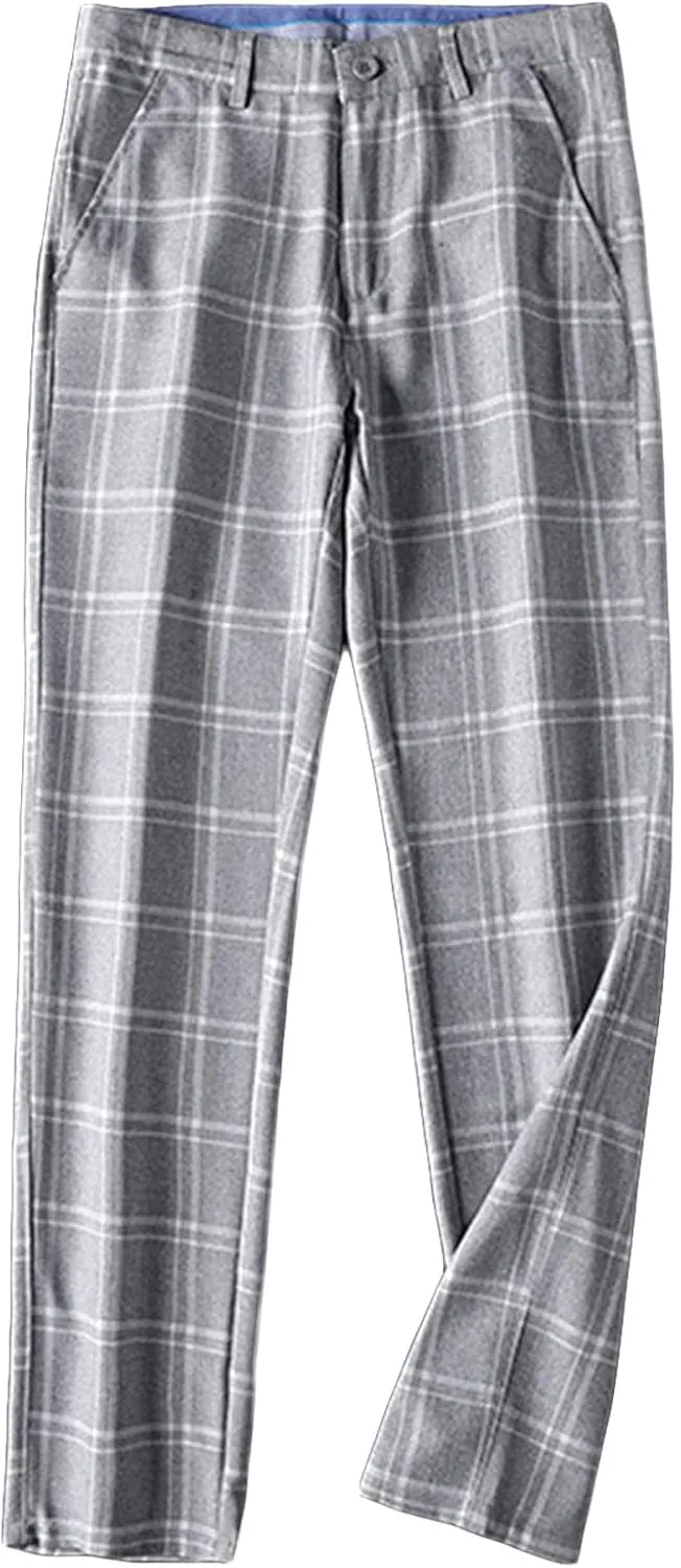 Men's Slim-Fit Flat-Front Dress Pant Straight Fit Plaid Stretch Skinny Casual Business Dress Chinos Pants (32,Grey)