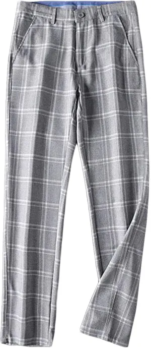 Men's Slim-Fit Flat-Front Dress Pant Straight Fit Plaid Stretch Skinny Casual Business Dress Chinos Pants (32,Grey)