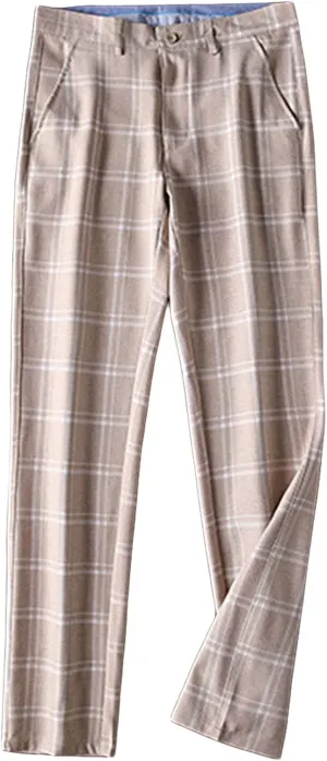 Men's Slim-Fit Flat-Front Dress Pant Straight Fit Plaid Stretch Skinny Casual Business Dress Chinos Pants (32,Light Brown)