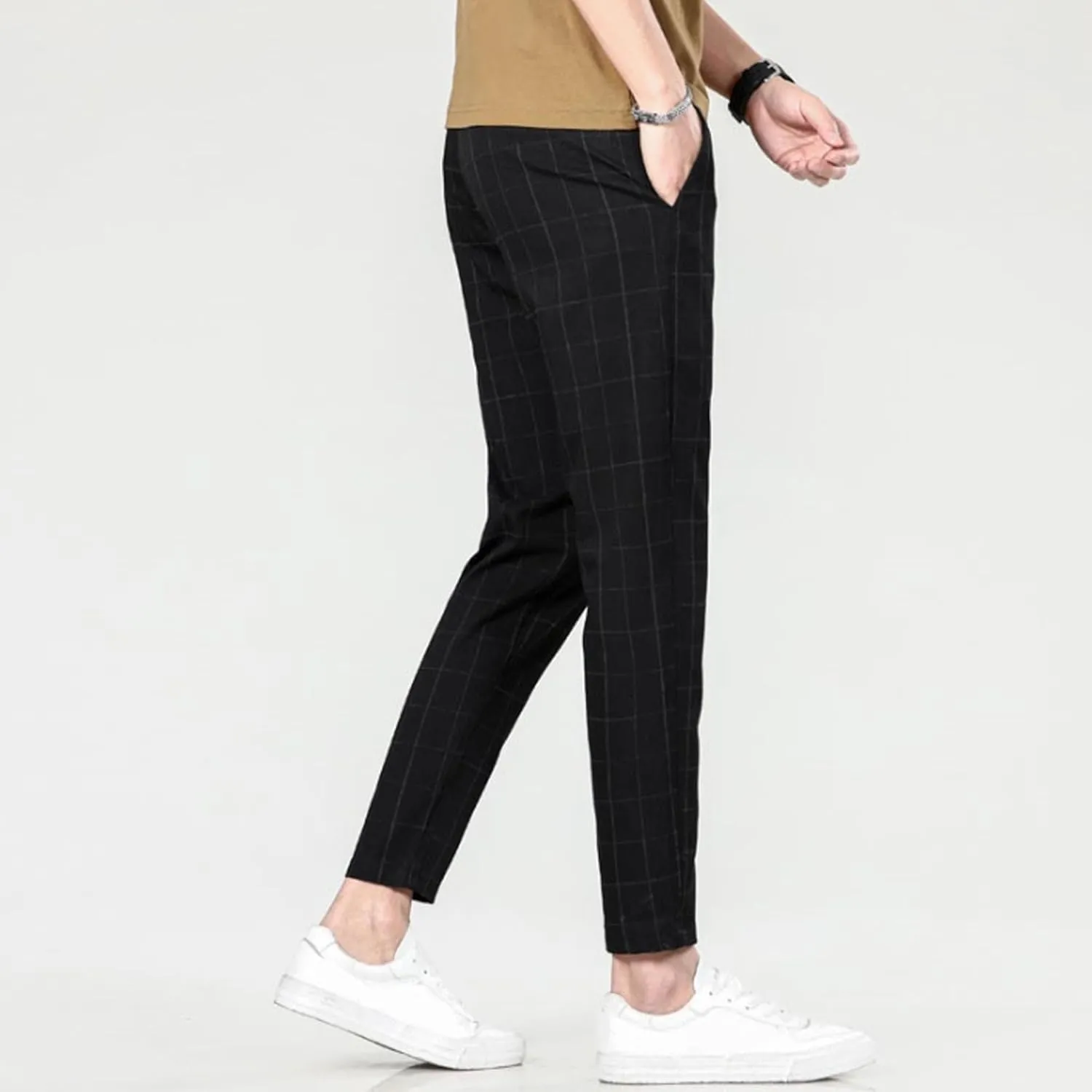 Men's Slim Fit Plaid Pencil Pants Chinos Flat Front Tapered Trousers Casual Business Sports Dress Pants