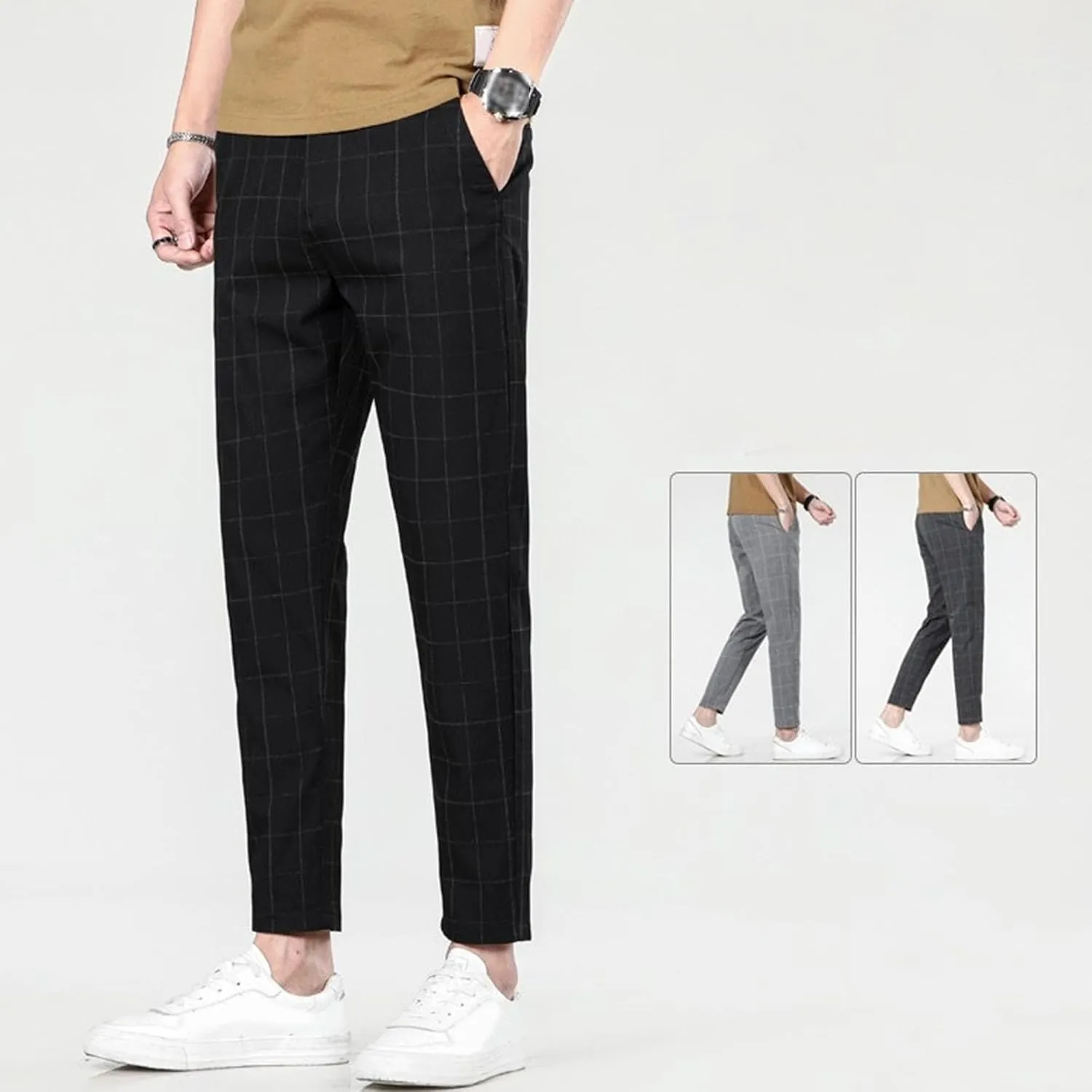 Men's Slim Fit Plaid Pencil Pants Chinos Flat Front Tapered Trousers Casual Business Sports Dress Pants