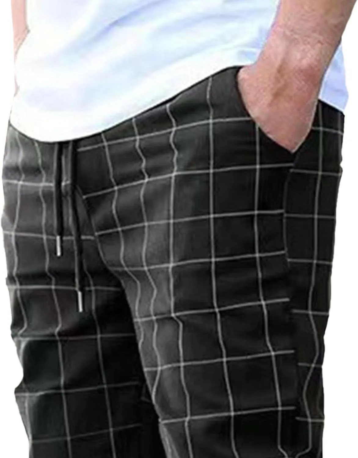 Men's Slim Fit Plaid Pencil Pants Chinos Flat Front Tapered Trousers Casual Business Sports Dress Pants